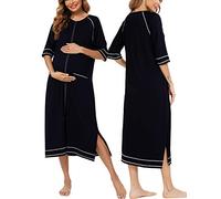 Veseacky Women Zipper Robe Half Sleeve Loungewear Lightweight Full Length Housecoat(Black,L)