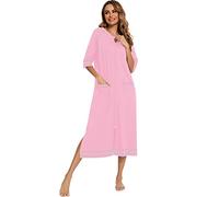 Veseacky Women Zipper Robe Half Sleeve Loungewear Lightweight Full Length Housecoat(Pink,L)
