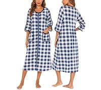 Veseacky Women's Zipper Front House Dress Long Sleeve Plaid Duster Lounge Robe wiht Pockets Blue Plaid L