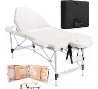 Vesgantti Portable Massage Bed Table - 3-Section Aluminium Foldable Beauty Couch for Reiki Therapy Treatment Salon Healing - Metal Headrest Support/with Carry Bag (Beige White)