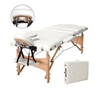 Vesgantti Portable Massage Bed Table - 3-Section Foldable Beauty Couch for Reiki Therapy Treatment Salon Healing - Metal Headrest Support/Carry Bag (Beige White)