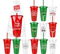 Vesici 12 Sets Christmas Best Neighbor Thank You Cups with Lids Straws Bulk 24 oz Plastic Cup Appreciation Gift for Being Such Great Neighbors for Moving Away Housewarming New Neighborhood