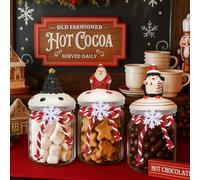 Vesici 3 Pcs Christmas Glass Jar Hot Cocoa Bar Supplies Hot Chocolate Bar Small 9.5 oz Clear Glass Christmas Jar with Santa Tree Penguin Lid Xmas Canister for Xmas Gift Winter Home Table Decor