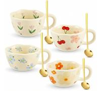 Vesici 4 Pack Ceramic Flower Coffee Mug Set 8.5 oz, Vintage Floral Cute Coffee Cups for Mothers Day, Porcelain Latte Tea Mugs for Mom Women Gifts, Dishwasher Microwave Safe