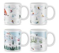 Vesici 4 Pack Ski Coffee Mugs Set 12 oz Ceramic Creative Coffee Mugs with Ski Skateboard Snow Mountain Cable Car Novelty Cup for Home Office Gifts for Skiers Family Friends and Co-workers