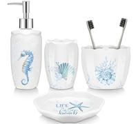 Vesici 4 Pcs Beach Bathroom Accessories, Ocean Animals Bathroom Decor, Under the Sea Tumbler, Soap Dispenser, Toothbrush Holder, Starfish Soap Dish for Ocean Beach Theme Decoration
