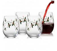 Vesici 4 Pcs Christmas Stemless Wine Glasses 19 oz Handcrafted Rhinestone Holly Xmas Red Berry Cocktail Cups Holiday Stemless Beverages Glassware Gifts for Christmas Festive Party Supply