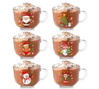 Vesici 6 Pcs Christmas Glass Coffee Mugs Set 16 oz Winter Christmas Glass Cups with Handle Xmas Coffee Mugs Santa Claus Snowman Cups Xmas Gift for Women Men Beverages Latte Hot Chocolate (Multi Style)