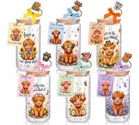 Vesici 6 Pcs Highland Cow Glasses with Lid Straw and Stopper, Cow Gifts | 16 oz Cups, Can Shaped Beer Tumbler Appreciation Gifts with Cards and Bow for Women Birthday Party Favor