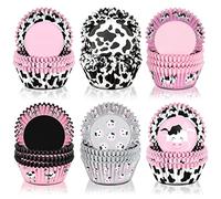 Vesici 600 Pieces Cow Print Cupcake Liners Wrappers 2 x 1.2 Inch Farm Animal Themed Muffin Cupcake Holders Pink Cow Baking Liners Holders Cases for Baby Shower Wedding Birthday Party Supply, 6 Styles