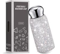 Vesici Rhinestone Water Bottle, Bling Diamond Water Bottle for Women Stainless Steel Thermal Cup Glitter Refillable Insulated Cup for Women Gifts, 260 ml(White)