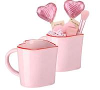 Vesici Set of 2 Heart Shaped Ceramic Mugs with Red Rim 12.5 oz Valentine's Day Gift Mugs Coffee Cups DIY Galentine's Gift Goodies Basket Ideas for Couples Her Him Pink Girl