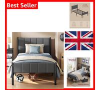 Metal bed frame with upholstered headboard and easy assembly, 197L x 91.5W x 104H cm / Slate Grey / Single