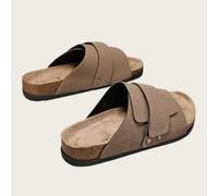Veslyn Slippers Men Suede Leather Cork Mules, Lightweight Summer Slip On Sandals With Flat Sole Design For Beach Travel And Daily Wear