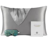 Vespersilk 100% Mulberry Silk Pillowcase & Eye Mask Set for Hair and Skin Health, 19 Momme Grade 6A Organic Silk Both Sides, with Hidden Zipper (Standard 50x75cm, Grey)