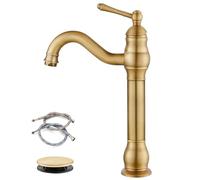 Vessel Basin Faucet Antique Brass Bathroom Single Handle Basin Mixer Tap Bar Tap with Pop Up Drain Tall Spout Single Hole Deck Mount