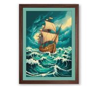 Vessel in Stormy Seas Romantic Framed Wall Art Print A3 (42×29.7cm) Walnut, Wall Decor for Living Room, Bedroom, Office & Home, Ready to Hang, Art Gift