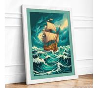 Vessel in Stormy Seas Romantic Framed Wall Art Print A3 (42×29.7cm) White, Wall Decor for Living Room, Bedroom, Office & Home, Ready to Hang, Art Gift