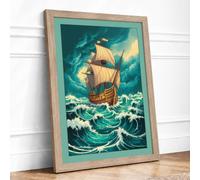 Vessel in Stormy Seas Romantic Framed Wall Art Print A4 (29.7×21cm) Oak, Wall Decor for Living Room, Bedroom, Office & Home, Ready to Hang, Art Gift