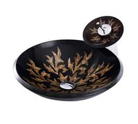 Vessel Sink, 18" Tempered Glass Sink, Round Basin Bowl with Waterfall Faucet and Pop-Up Drain Combo for Countertop Installation