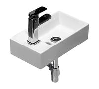 Vessel Sink White Porcelain Bathroom Sink Wall Hung Basin Small Cloakroom Rectangle Ceramic Wash Set with Faucet and Drain Countertop(Left)
