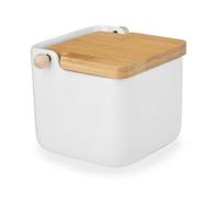 Vessia - Ceramic Salt Pot, Hinged Lid Made of Bamboo, Practical Salt Jar and Salt Vessel for the Kitchen, Salt Barrel Ceramic with Lid, Ideal as a Salt Container - (White)