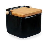 Vessia - Ceramic Salt Pot, Hinged Lid Made of Bamboo, Practical Salt Jar and Salt Vessel for the Kitchen, Salt Barrel Ceramic with Lid, Ideal as a Salt Container - Black