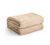 Vessia Flannel Fleece Throw Blanket for Couch,Sofa,Bed, 300GSM 50x70 inch Striped Camel Blanket for Adults and Kids, Super Soft Warm Cozy Lightweight Ribbed Light Brown Throw for All-Season