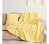 Vessia Flannel Throw Blanket with Pillow Cover for Couch,Sofa,Bed, 300GSM Striped Light Yellow Blanket for Adults, Super Soft Warm Cozy Ribbed Pale Yellow Throw for All-Season(50x71 inch)