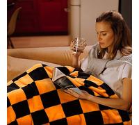 Vessia Twin Size Blanket Checkerboard Black and Orange(60x80inch), Orange Chessboard Flannel Blanket for Couch,Bed,Sofa, 300GSM Soft Cozy Comfy Warm Checkered Halloween Decor for All Season