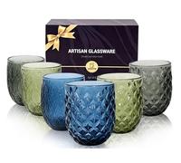 Vessyn Coloured Drinking Glasses Set of 6, 370ml Large Water Tumblers in Modern Nature Design (Leaf & Wave Relief Pattern), Dishwasher Safe Solid Glass Cups for Juice, Cocktails, Beer, Mixed Colours