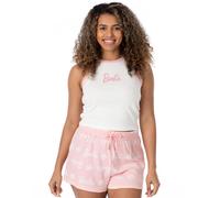 Barbie Ladies Pyjama Set | Ribbed White Vest With Pink All Over Print Elasticated Shorts For Women | Fashion Doll Classic Logo Graphic Sleepwear | Nightwear Pyjama Merchandise for Adults