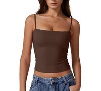 Vest Tank Tops for Women UK Summer Ladies Double Lined Basic Tank Top Adjustable Spaghetti Straps Sleeveless Camisole Shirts (Brown,L)