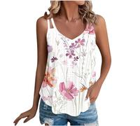 Vest Tops for Women UK Elegant V Neck Tank Tops Long Length Pleated Vests Floral Graphic Print Tunic Tops Summer Sleeveless Eyelet T Shirts
