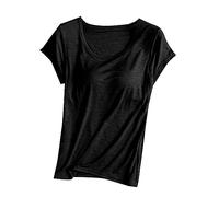 Vest Tops for Women UK Womens Tops Sleep Shirts Short Sleeve Pajama Tops with Built in Bras Modal Round Neck Solid Color Loungewear Top,Plus Size