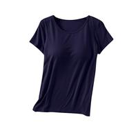 Vest Tops for Women UK Womens Tops Sleep Shirts Short Sleeve Pajama Tops with Built in Bras Modal Round Neck Solid Color Loungewear Top,Plus Size