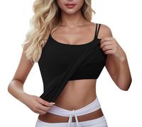 Vest Tops with Built in Padded Bra for Uk Women Double Spaghetti Strap Camisole Ladies Summer Square Neck Tank Top Yoga Pilates Gym Workout Cami Top Longline Vest Tops Basic Solid Stretch Undershirts