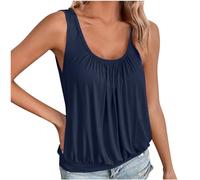 Vest Tops Women Loose Ruched Hem Tops Plain Round Scoop Neckline Elasticated Waist Slim Straps Swing Camisole Sleeveless Bubble Hem Vest Top UK Clearance Ladies Casual Plain Tops Going Out