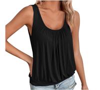 Vest Tops Women Loose Ruched Hem Tops Plain Round Scoop Neckline Elasticated Waist Slim Straps Swing Camisole Sleeveless Bubble Hem Vest Top UK Clearance Ladies Casual Plain Tops Going Out