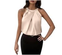 Vest Tops Women UK Clearance Womens Satin Silk Tank Tops Halter Neck Sleeveless Cami Shirts Elegant Pleated T-Shirts Ladies Trendy Summer Top Casual Camisole Tunic Blouses