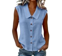Vest Tops Women UK Collar Button Down Sleeveless Shirts Plain Plaid Striped Vest Dressy Casual Loose Fit Blouses Summer Lightweight Fashion Tank Tops Daily Wear Going Out Vests A-Blue