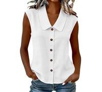Vest Tops Women UK Collar Button Down Sleeveless Shirts Plain Plaid Striped Vest Dressy Casual Loose Fit Blouses Summer Lightweight Fashion Tank Tops Daily Wear Going Out Vests A-White