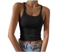 Vest Tops Women UK Ribbed Knit Vest Basic Spaghetti Strap Camisoles Summer Crop Tops Gym Sport Sleeveless Tank Cami Sexy Scoop Neck Slim Fit Stretch Camisole Aesthetic Streetwear Black