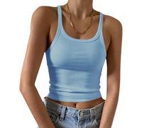 Vest Tops Women UK Ribbed Knit Vest Basic Spaghetti Strap Camisoles Summer Crop Tops Gym Sport Sleeveless Tank Cami Sexy Scoop Neck Slim Fit Stretch Camisole Aesthetic Streetwear Light Blue
