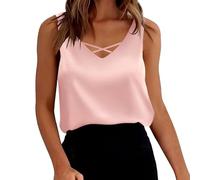 Vest Tops Women UK Silk Satin Tank Tops Sexy V Neck Vest Summer Sleeveless Tank Cami Basic Front Cross Design Spaghetti Strap Camisole Solid Color Loose Fit T-Shirt Elegant Office Wedding Guests Pink