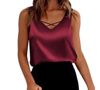 Vest Tops Women UK Silk Satin Tank Tops Sexy V Neck Vest Summer Sleeveless Tank Cami Basic Front Cross Design Spaghetti Strap Camisole Solid Color Loose Fit T-Shirt Elegant Office Wedding Guests Wine