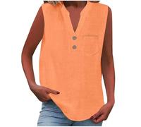 Vest Tops Women UK Summer Cotton Linen Sleeveless T-Shirt Loose Fit Button V Neck Tunic Tops Lounge Baggy Solid Plain Dressy Casual Shirts Trendy Blouses Ladies Tank Tops Orange