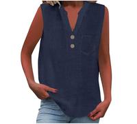 Vest Tops Women UK Summer Cotton Linen Sleeveless T-Shirt Loose Fit Button V Neck Tunic Tops Lounge Baggy Solid Plain Dressy Casual Shirts Trendy Blouses Ladies Tank Tops Navy