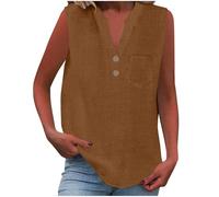 Vest Tops Women UK Summer Cotton Linen Sleeveless T-Shirt Loose Fit Button V Neck Tunic Tops Lounge Baggy Solid Plain Dressy Casual Shirts Trendy Blouses Ladies Tank Tops Brown