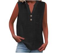 Vest Tops Women UK Summer Cotton Linen Sleeveless T-Shirt Loose Fit Button V Neck Tunic Tops Lounge Baggy Solid Plain Dressy Casual Shirts Trendy Blouses Ladies Tank Tops Black